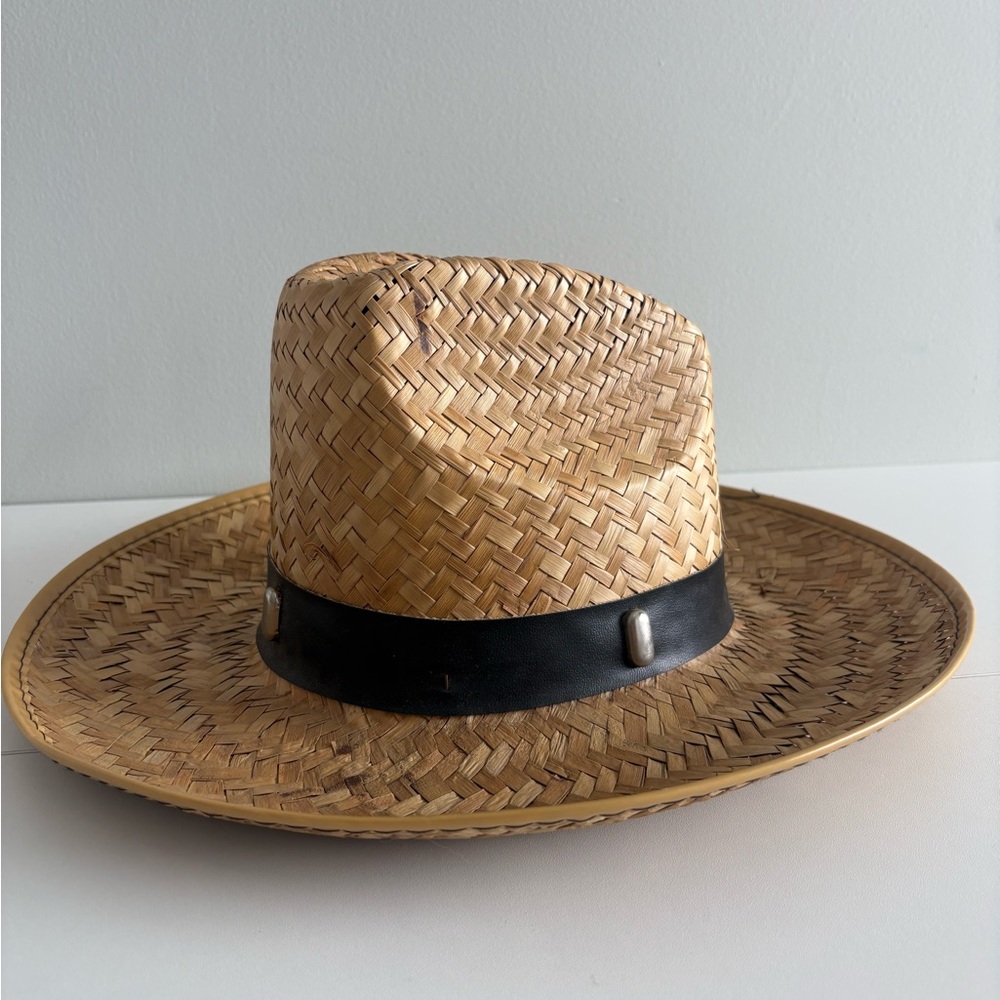 Woven Straw Hat Wide Brim Western Boho Festival Cowboy Style Leather Band